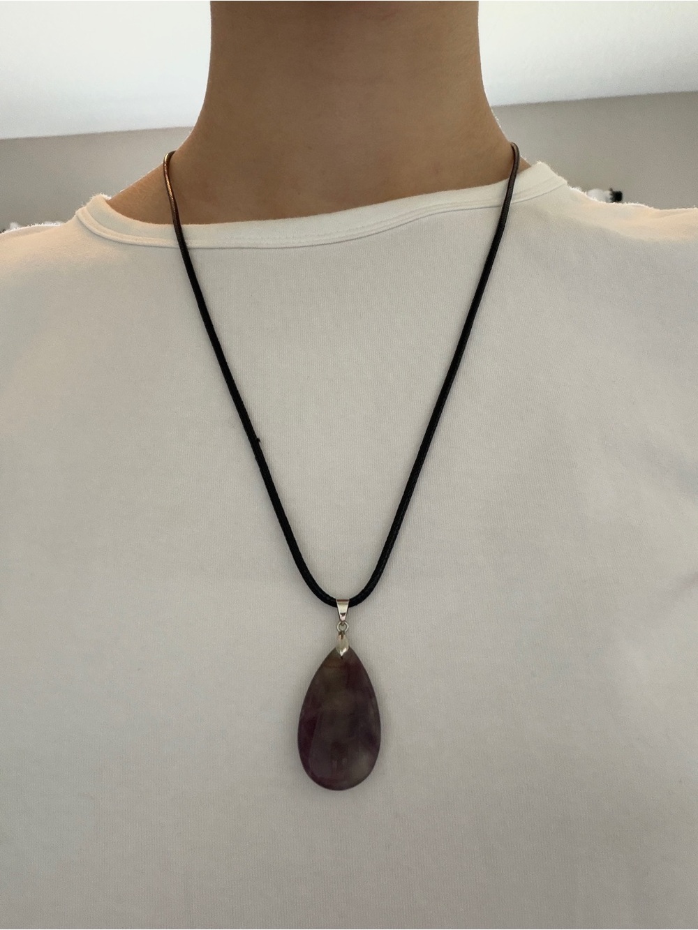 Teardrop Natural Stone Pendant Necklace on Black Cord